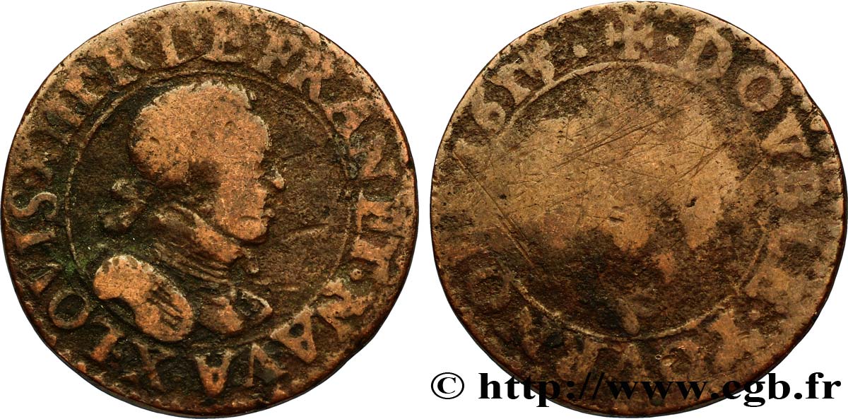 LOUIS XIII LE JUSTE Double tournois, type 2 1615 Amiens B