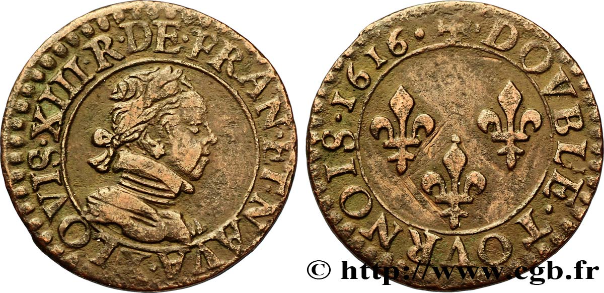 LOUIS XIII LE JUSTE Double tournois, buste enfantin d Amiens, (3e portrait) 1616 Amiens TTB