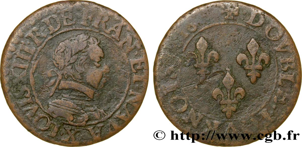 LOUIS XIII LE JUSTE Double tournois, buste enfantin d Amiens, (3e portrait) 1616 Amiens TB+