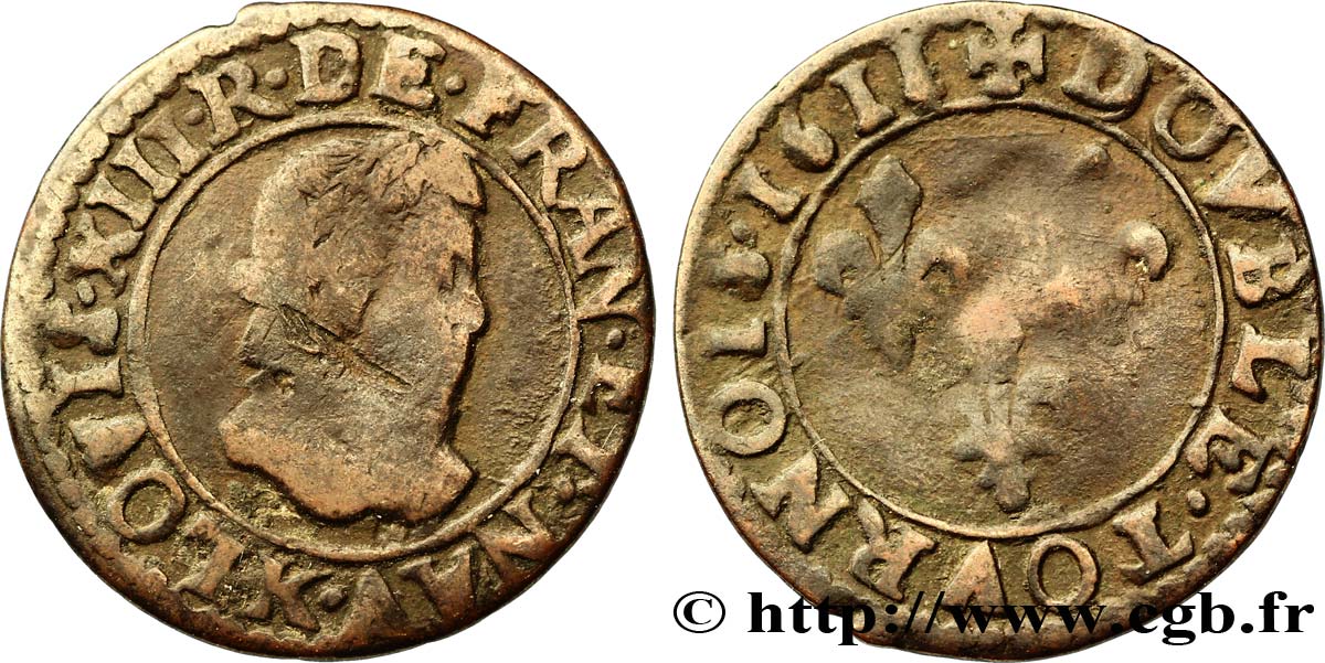 LOUIS XIII LE JUSTE Double tournois, grand buste enfantin, drapé à large fraise 1611 Bordeaux TB