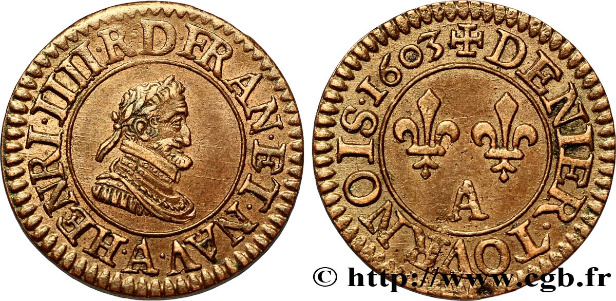 HENRI IV LE GRAND Denier tournois, 1er type de Paris (légende française) 1603 Paris, Moulin des Étuves SUP