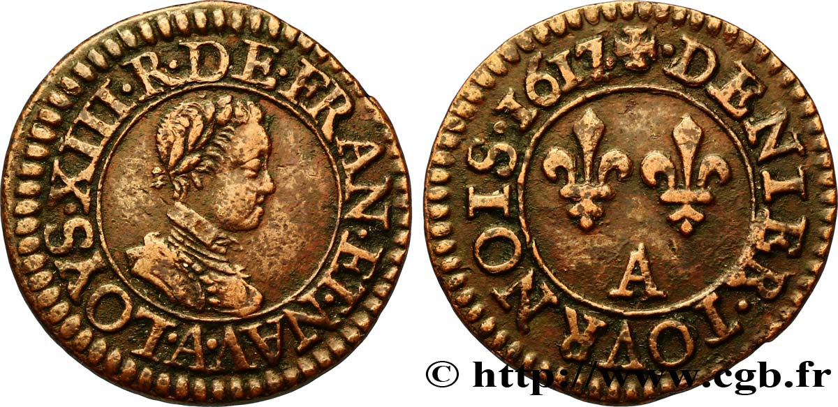 LOUIS XIII LE JUSTE Denier tournois, type 1 1617 Paris TTB