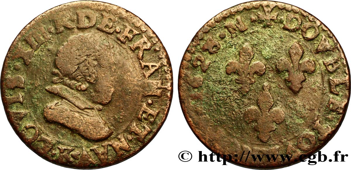 LOUIS XIII LE JUSTE Double tournois, type 7 1628 Bordeaux TB