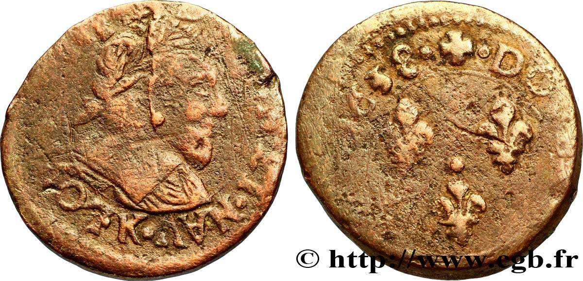 LOUIS XIII LE JUSTE Double tournois, 13e type 1638 Bordeaux TB