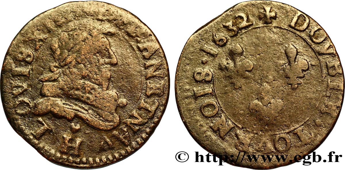 LOUIS XIII LE JUSTE Double tournois, type 1 1632 La Rochelle TB