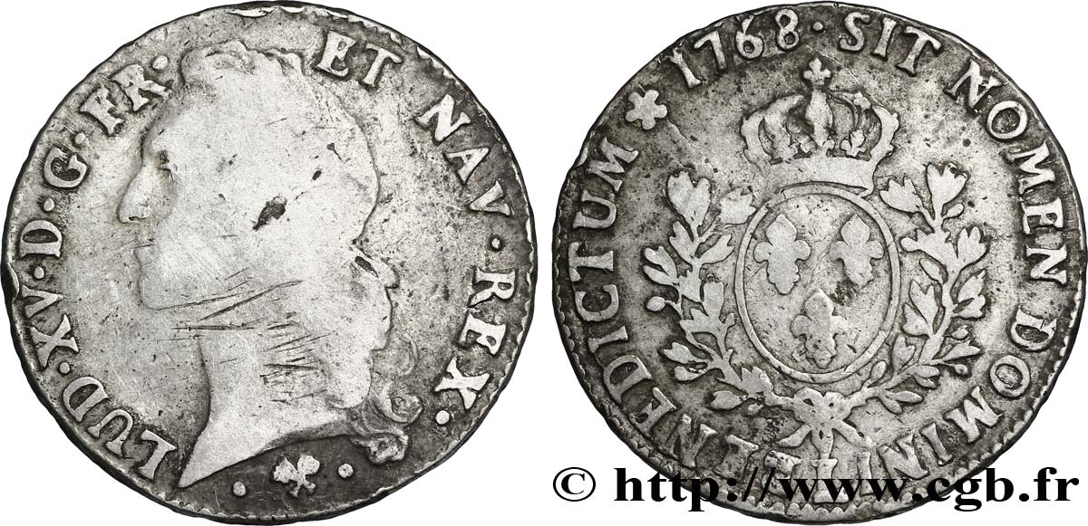 LOUIS XV DIT LE BIEN AIMÉ Écu aux branches d’olivier, tête ceinte d’un bandeau 1768 Bayonne TB/TB+