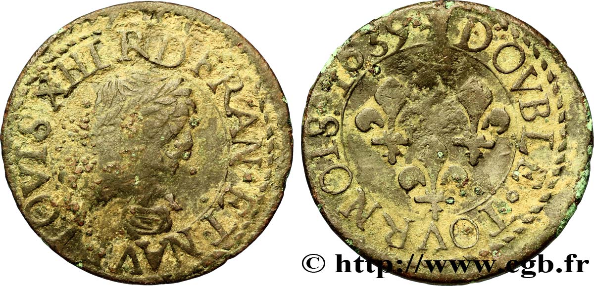 LOUIS XIII LE JUSTE Double tournois, 14e type de La Rochelle 1639 La Rochelle TB