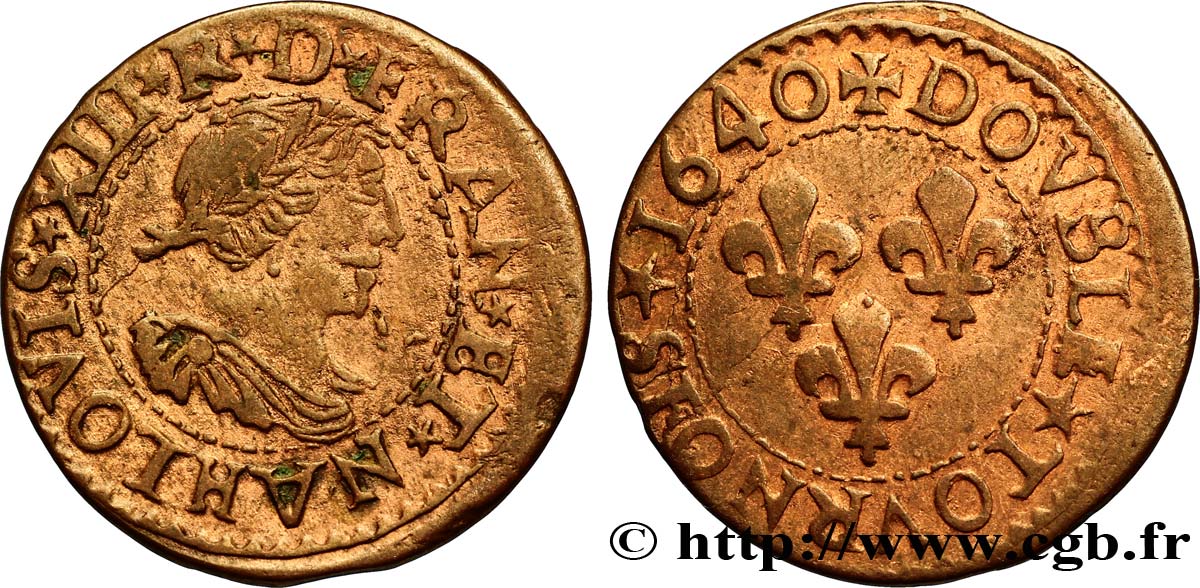 LOUIS XIII LE JUSTE Double tournois, 15e type de La Rochelle 1640 La Rochelle TB+