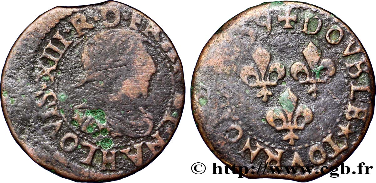 LOUIS XIII LE JUSTE Double tournois, 15e type de La Rochelle 1639 La Rochelle TB