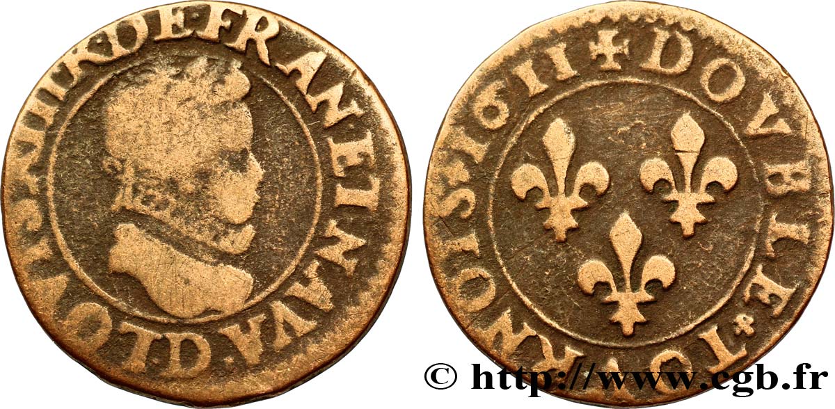 LOUIS XIII LE JUSTE Double tournois au petit buste enfantin col plat, de Lyon 1611 Lyon TB+
