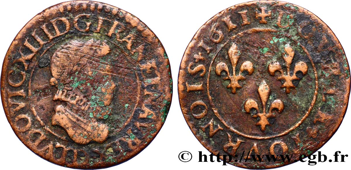 LOUIS XIII  Double tournois au petit buste enfantin col plat, de Lyon 1611 Lyon BC/BC+