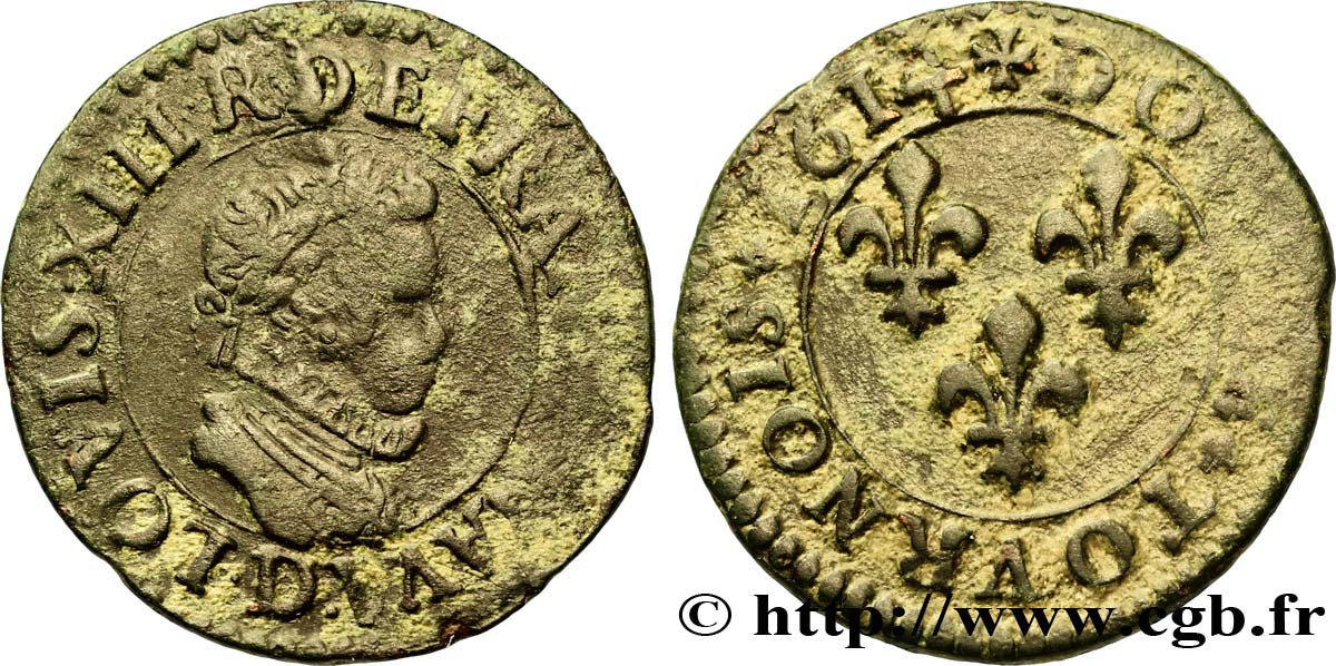 LOUIS XIII LE JUSTE Double tournois au petit buste enfantin col plat, de Lyon 1614 Lyon TB+