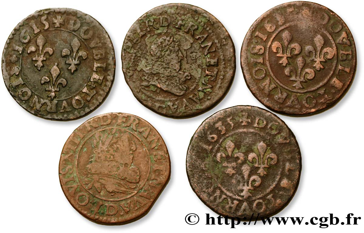LOUIS XIII  Lot de 5 doubles tournois de Louis XIII n.d. Lyon VF