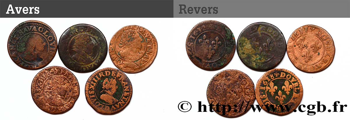 LOUIS XIII LE JUSTE Lot de 5 doubles tournois de Louis XIII n.d. Lyon TB