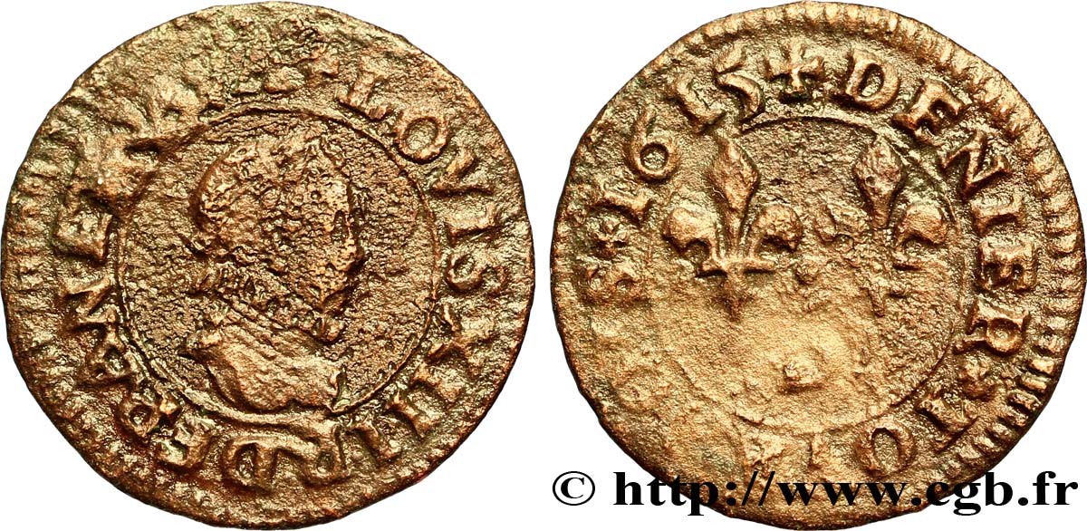 LOUIS XIII LE JUSTE Denier tournois, type 1 1615 Lyon TB+