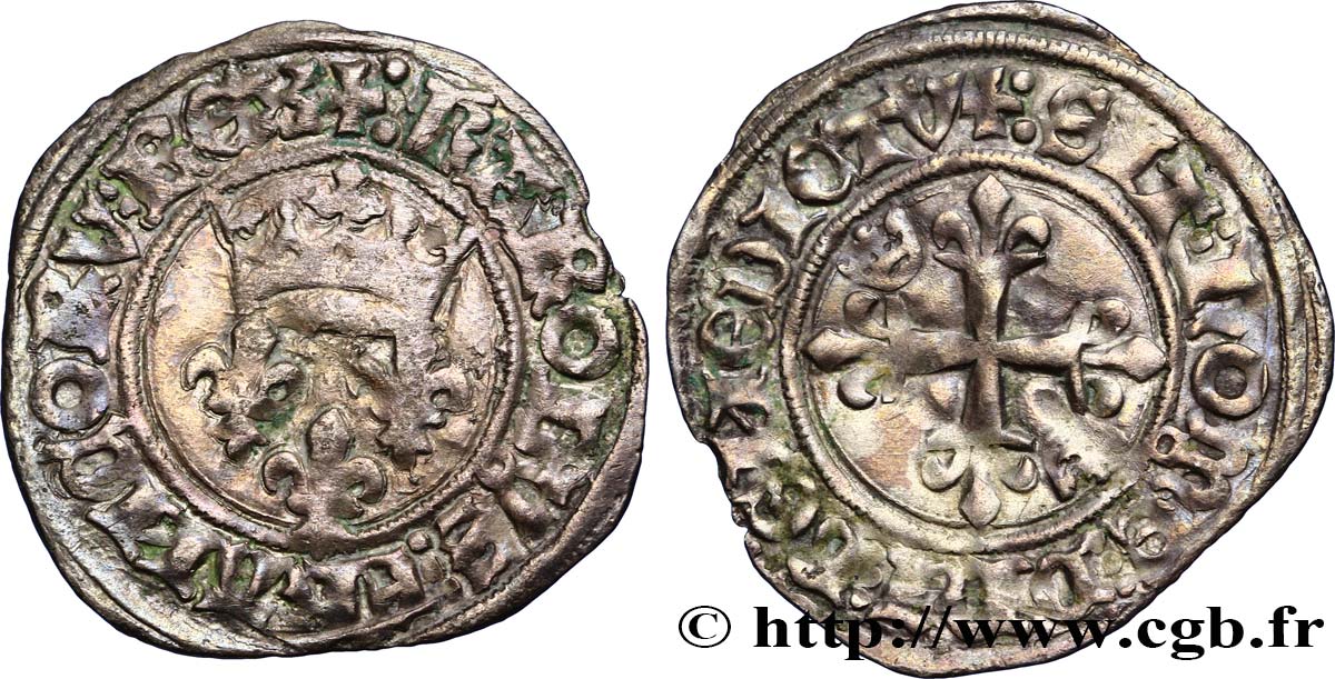 HEIR APPARENT, CHARLES, REGENCY - COINAGE IN THE NAME OF CHARLES VI Gros dit  florette  n.d. Tours VF