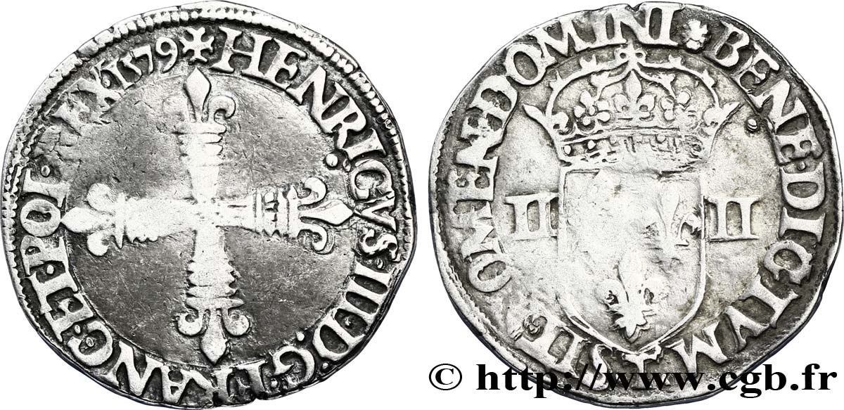 HENRY III Quart d écu, croix de face 1579 Nantes VF