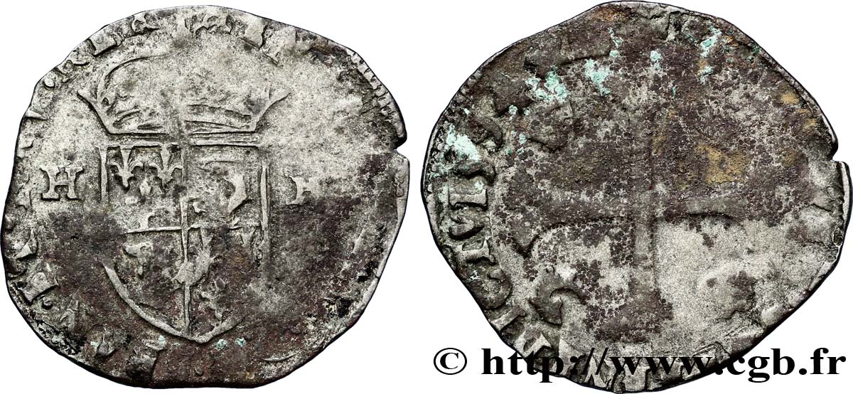 HENRI IV LE GRAND Douzain du Dauphiné aux deux H, 2e type, contremarquée en quinzain sous Louis XIII 1594 Grenoble TB