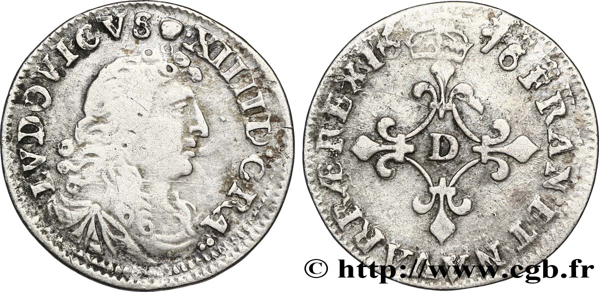 LOUIS XIV LE GRAND OU LE ROI SOLEIL Quatre sols à la croix formée de lis 1676 Vimy-en-Lyonnais (actuellement Neuville-sur-Saône) TB