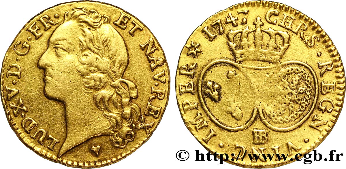LOUIS XV DIT LE BIEN AIMÉ Louis d’or aux écus ovales, tête ceinte d’un bandeau 1747 Strasbourg TB+