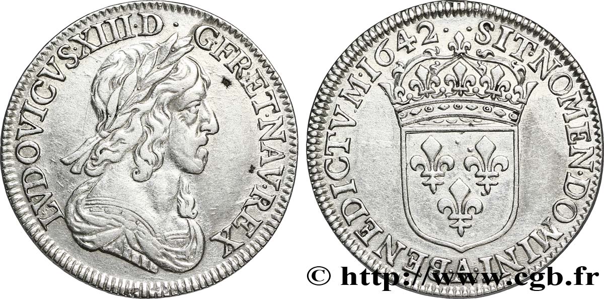LOUIS XIII  Quart d écu, buste drapé (1er buste de Jean Warin) 1642 Paris, Monnaie de Matignon XF