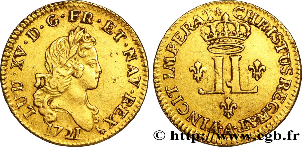 LOUIS XV DIT LE BIEN AIMÉ Louis d or aux deux L et au petit buste 1721 Paris TTB+/TTB