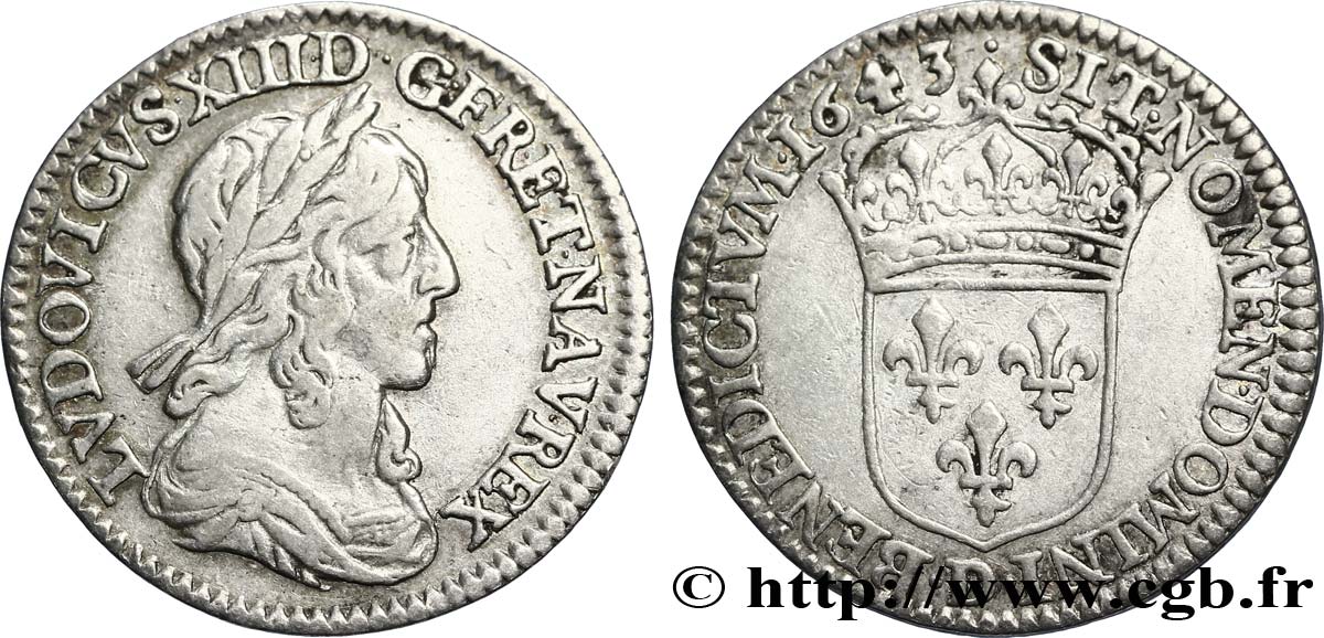 LOUIS XIII LE JUSTE Douzième d écu, buste drapé et cuirassé (2e buste de Jean Warin) 1643 Lyon TB+