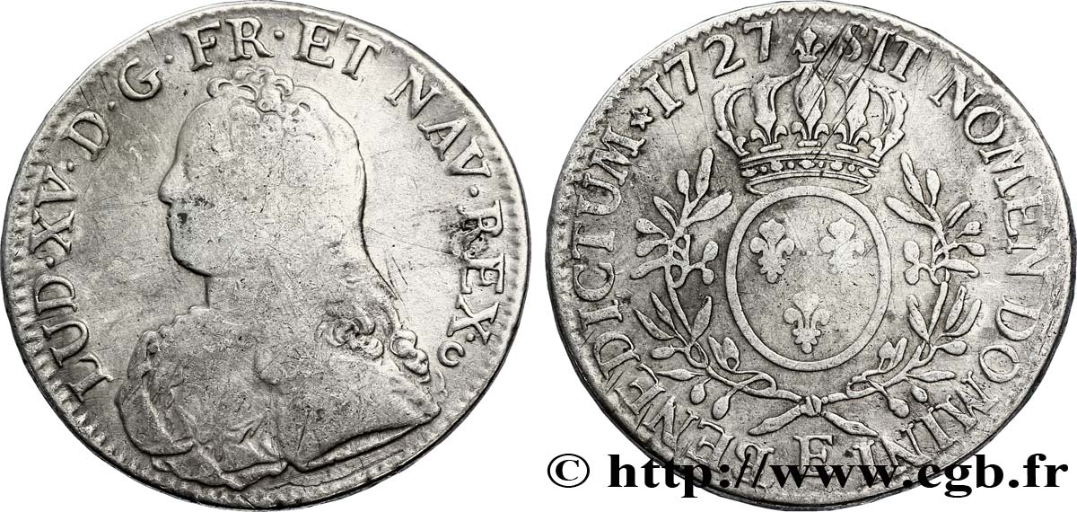 LOUIS XV DIT LE BIEN AIMÉ Écu aux branches d olivier, buste habillé 1727 Tours TB