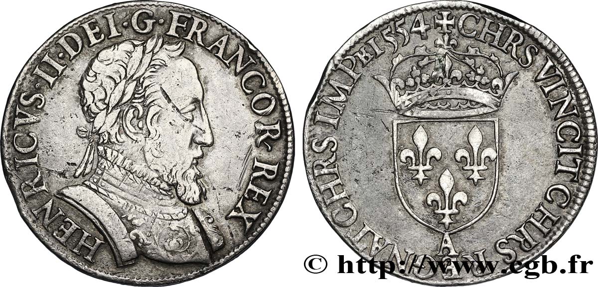 HENRY II Teston au buste lauré, 1er type, fabriqué au moulin 1554 Paris, Moulin des Étuves XF