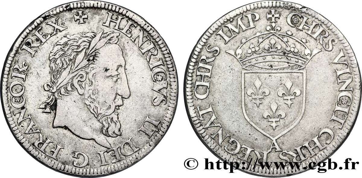 HENRY II Teston à la tête laurée, fabriqué au moulin n.d. Paris, Moulin des Étuves XF