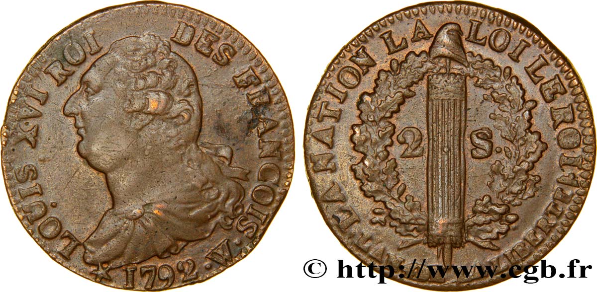 LOUIS XVI 2 sols dit  au faisceau , type FRANÇOIS, buste particulier 1792 Lille q.SPL/SPL