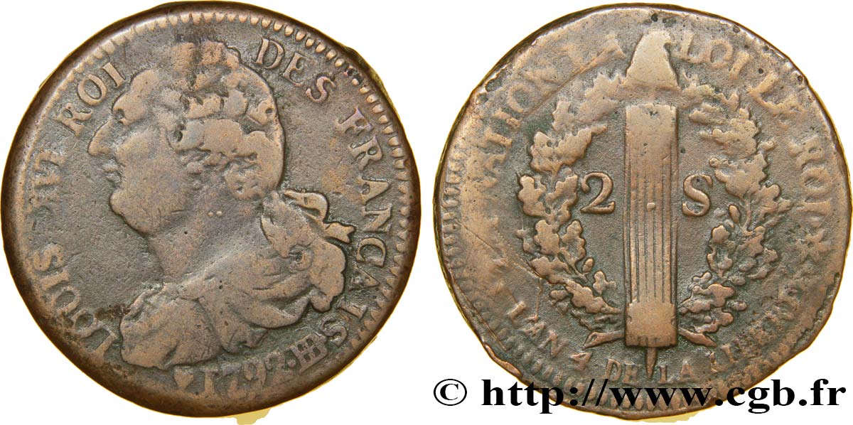 LOUIS XVI (MONARQUE CONSTITUTIONNEL)  2 sols dit &nbsp;au faisceau&nbsp;, type FRANÇAIS 1792 Strasbourg TB+