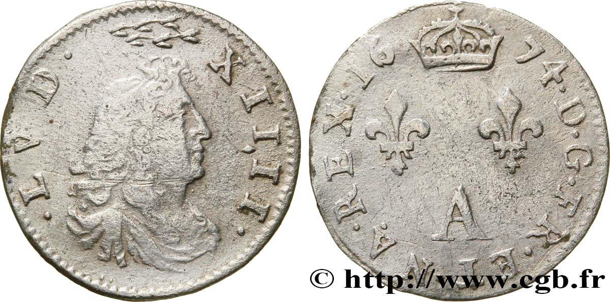 LOUIS XIV  THE SUN KING  Deux sols aux deux lis sous couronne 1674 Paris fSS