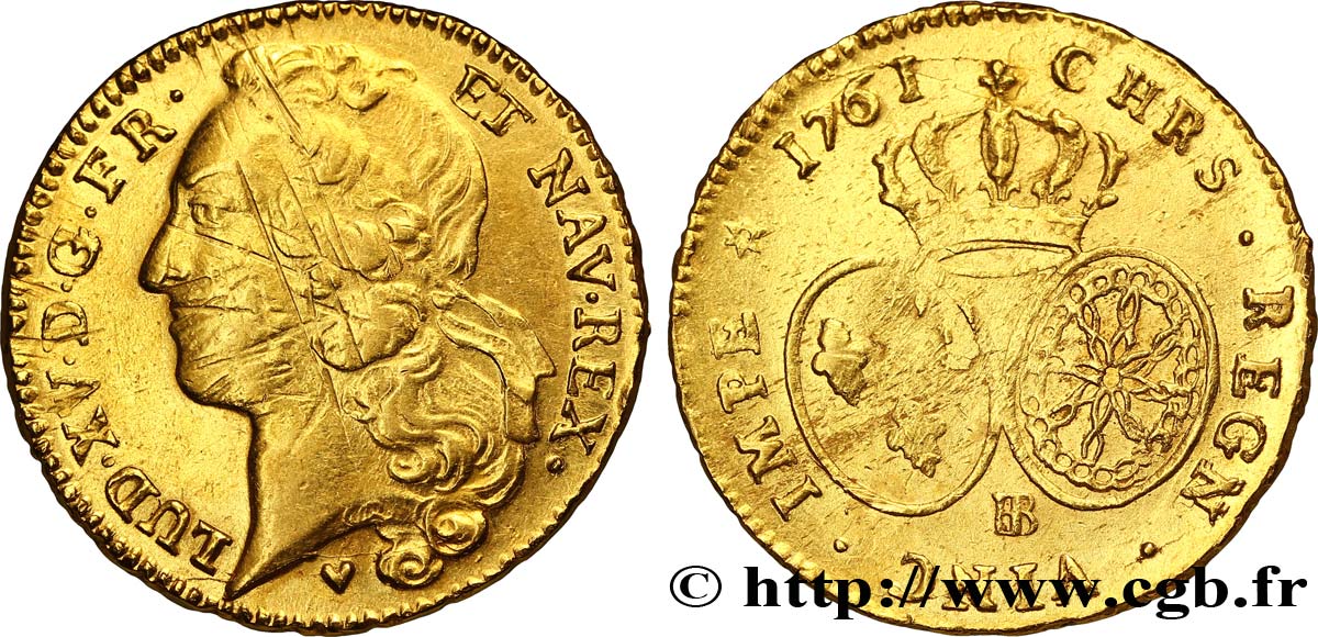 LOUIS XV  THE WELL-BELOVED  Double louis d’or aux écus ovales, tête ceinte d’un bandeau 1761 Strasbourg VF