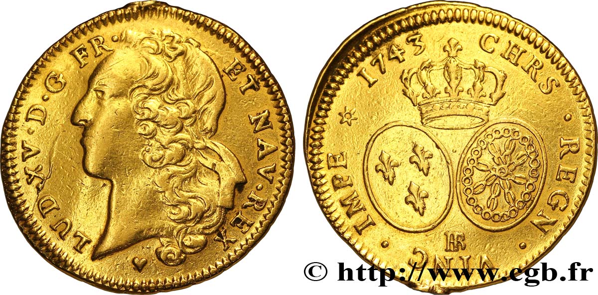 LOUIS XV  THE WELL-BELOVED  Double louis d’or aux écus ovales, tête ceinte d’un bandeau 1743 Strasbourg q.BB