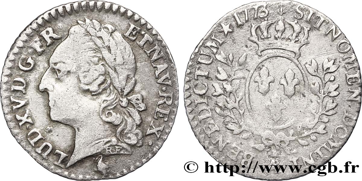 LOUIS XV DIT LE BIEN AIMÉ Vingtième d écu aux branches d’olivier, buste lauré 1773 Paris TB+