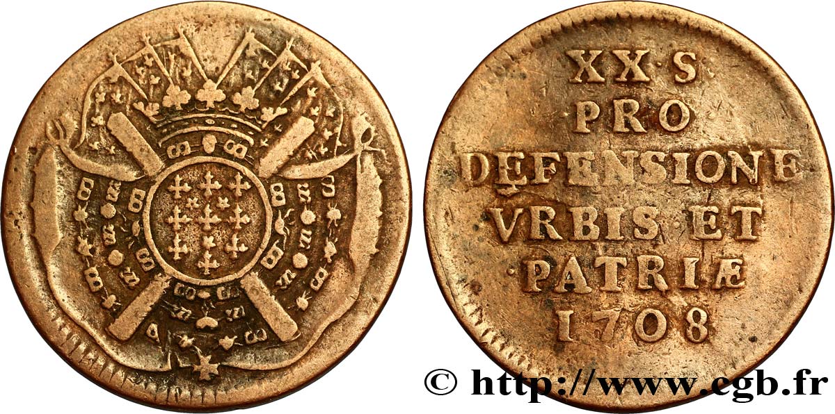 FLANDRE - SIÈGE DE LILLE Vingt sols, monnaie obsidionale 1708 Lille TTB