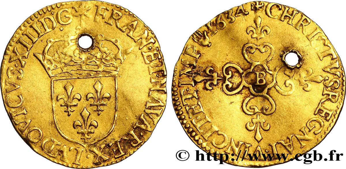 LOUIS XIII  Écu d or au soleil, à la croix anillée fleurdelisée 1634 Rouen BC