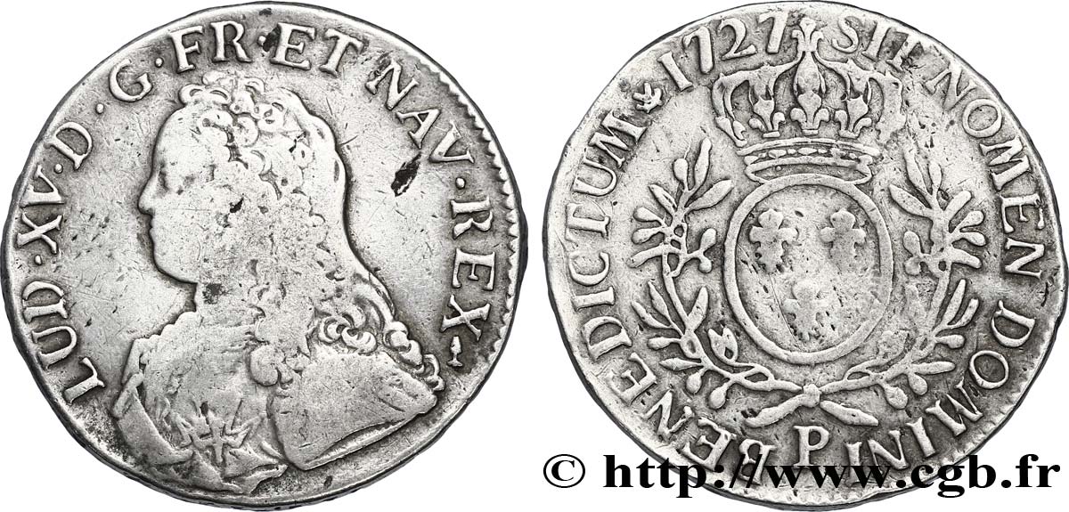 LOUIS XV DIT LE BIEN AIMÉ Écu aux branches d&nbsp;olivier, buste habillé 1727 Dijon TB+