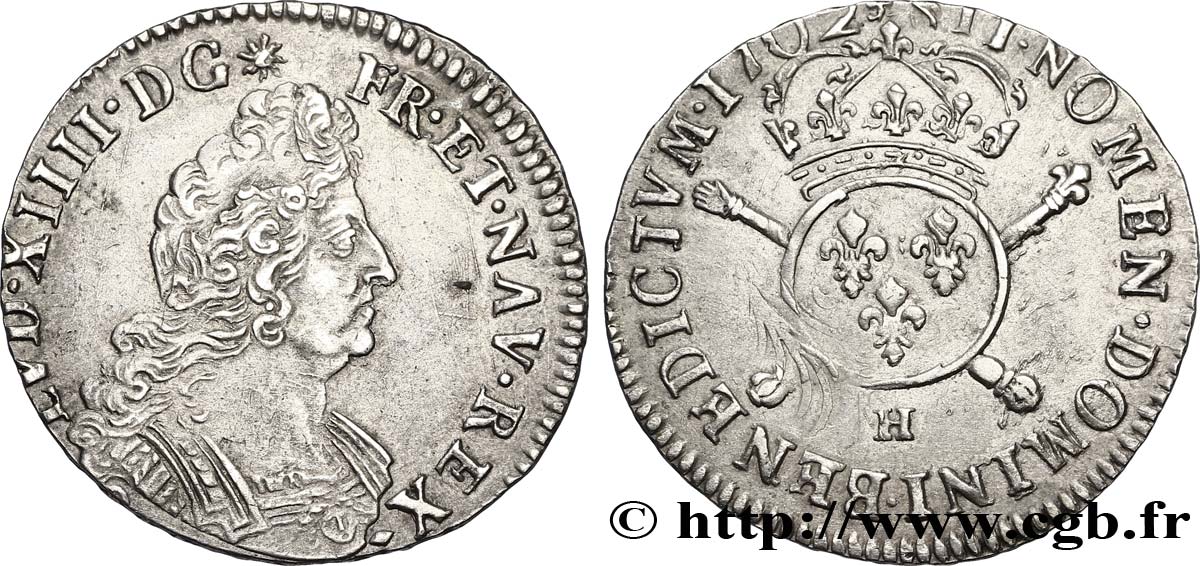 LOUIS XIV  THE SUN KING  Demi-écu aux insignes 1702 La Rochelle fVZ/SS