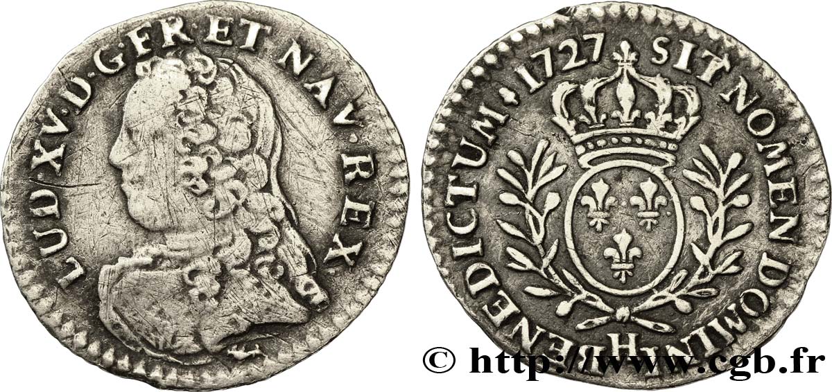 LOUIS XV DIT LE BIEN AIMÉ Vingtième d’écu aux branches d’olivier, buste habillé 1727 La Rochelle TTB/TTB+