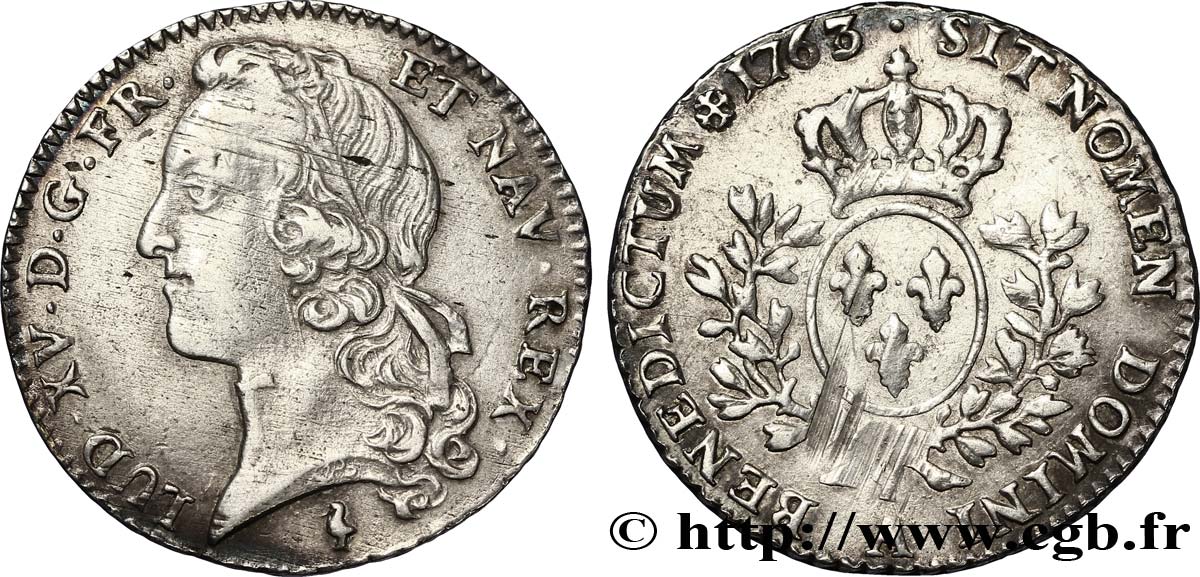 LOUIS XV DIT LE BIEN AIMÉ Cinquième d’écu aux branches d’olivier, tête ceinte d’un bandeau 1763 Paris TTB+