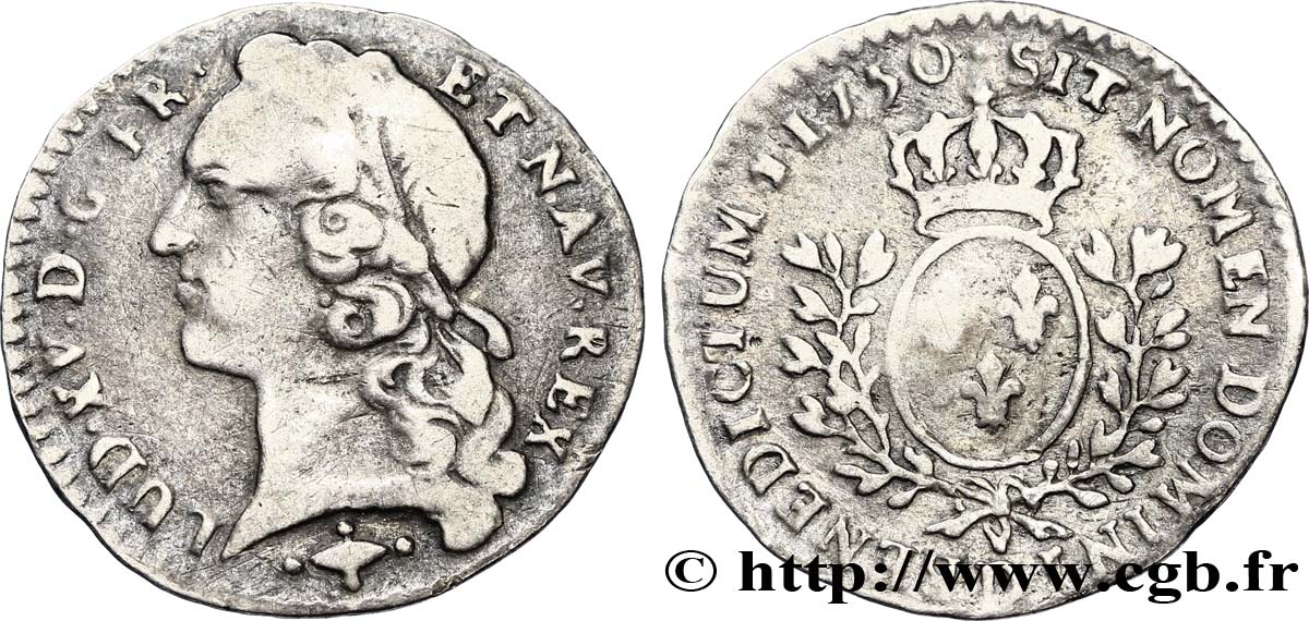 LOUIS XV DIT LE BIEN AIMÉ Vingtième d&nbsp;écu aux branches d’olivier, tête ceinte d’un bandeau 1750 Lyon TB+/TTB