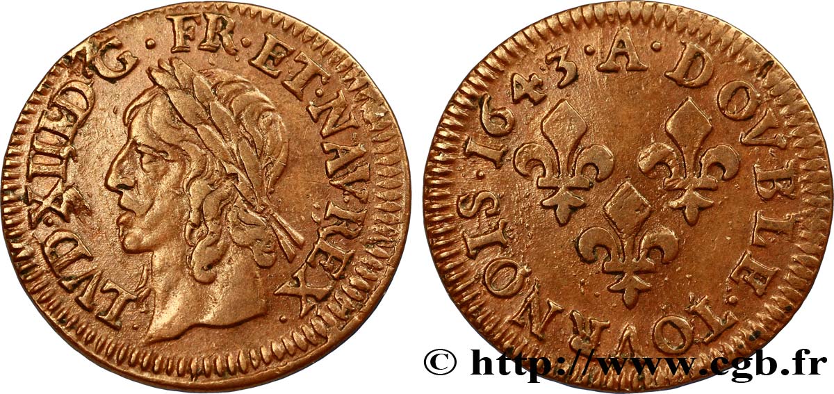 LOUIS XIII LE JUSTE Double tournois, type de Warin 1643 Corbeil TTB+/SUP