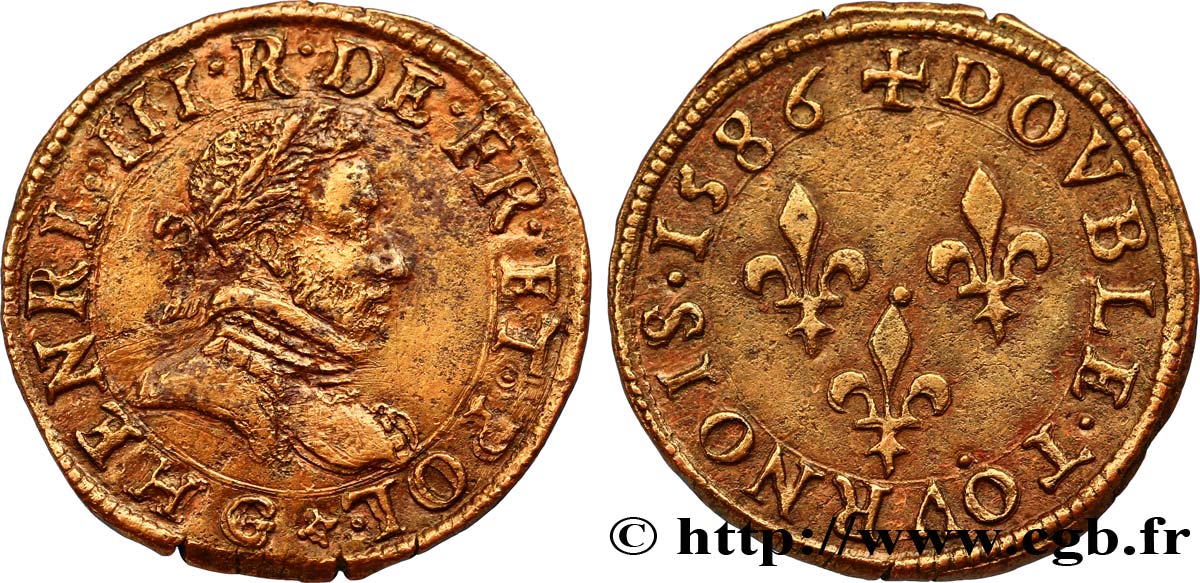 HENRI III Double tournois, type de Poitiers 1586 Poitiers TTB/TTB+