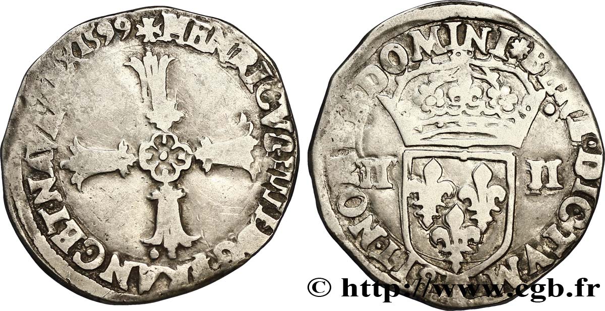 HENRI IV LE GRAND Quart d écu, croix feuillue de face 1599 Nantes TB+
