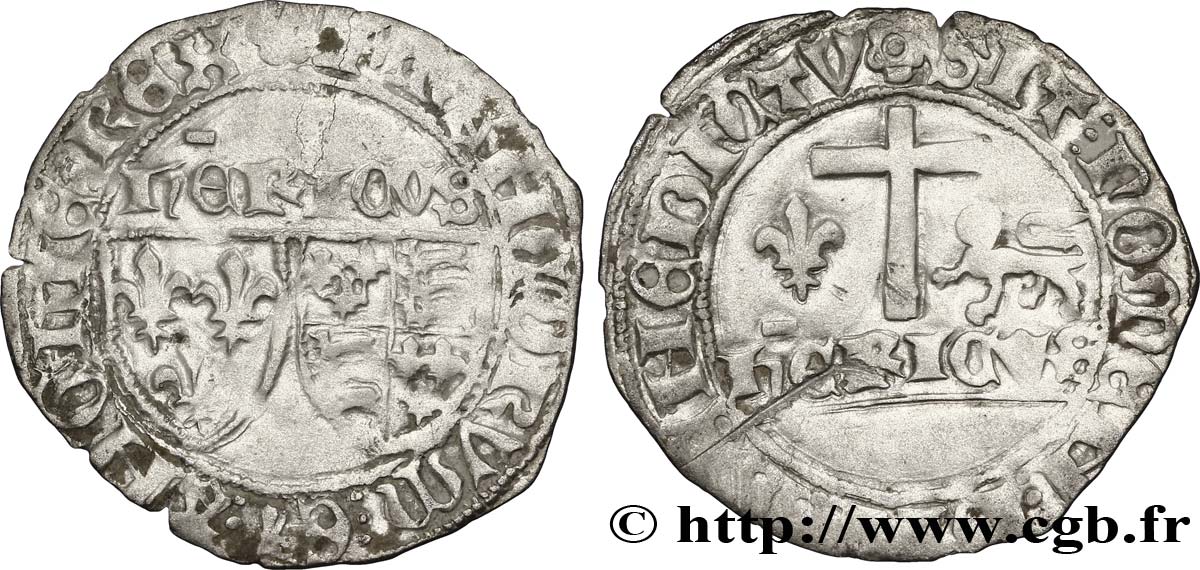 HENRY VI DE LANCASTRE - ROI DE FRANCE (1422-1453) - ROI D ANGLETERRE (1422-1461) et (1470-1471) Blanc aux écus n.d. Troyes TTB
