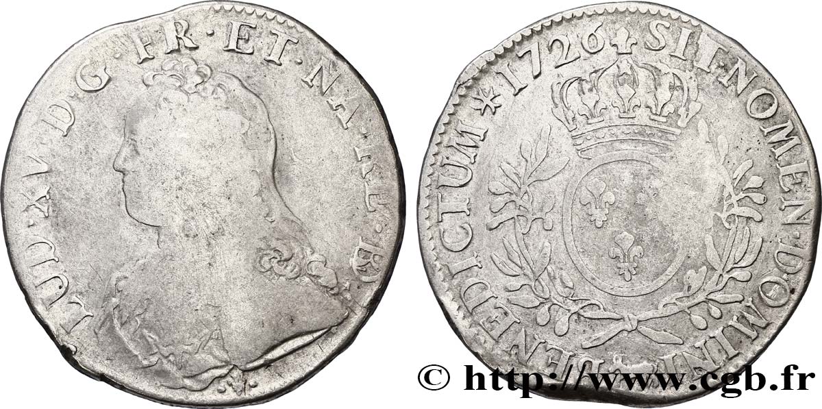 LOUIS XV DIT LE BIEN AIMÉ Écu aux branches d&nbsp;olivier, buste habillé 1726 Pau B+
