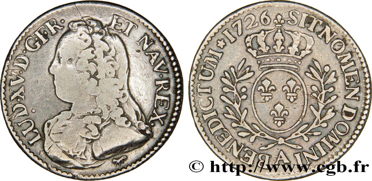 LOUIS XV DIT LE BIEN AIMÉ Cinquième d&nbsp;écu aux branches d&nbsp;olivier, buste habillé 1726 Paris TB+/TTB