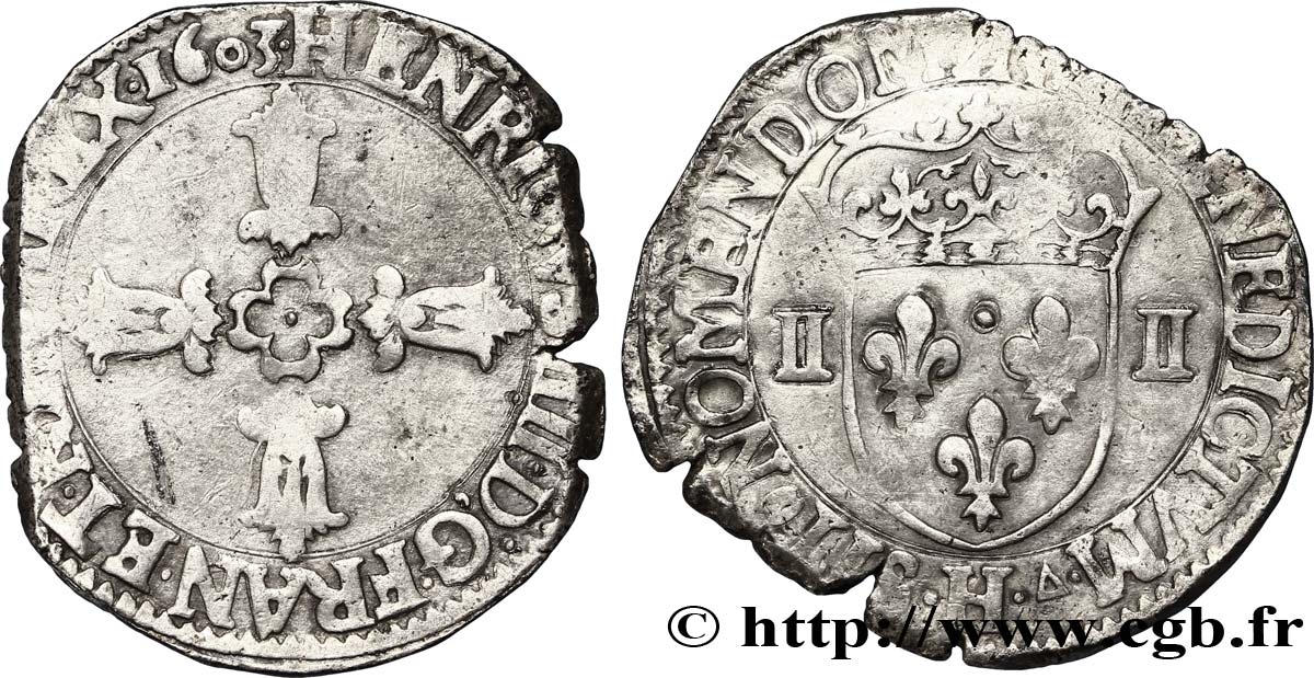 HENRI IV LE GRAND Quart d écu, croix feuillue de face 1603 La Rochelle TB+